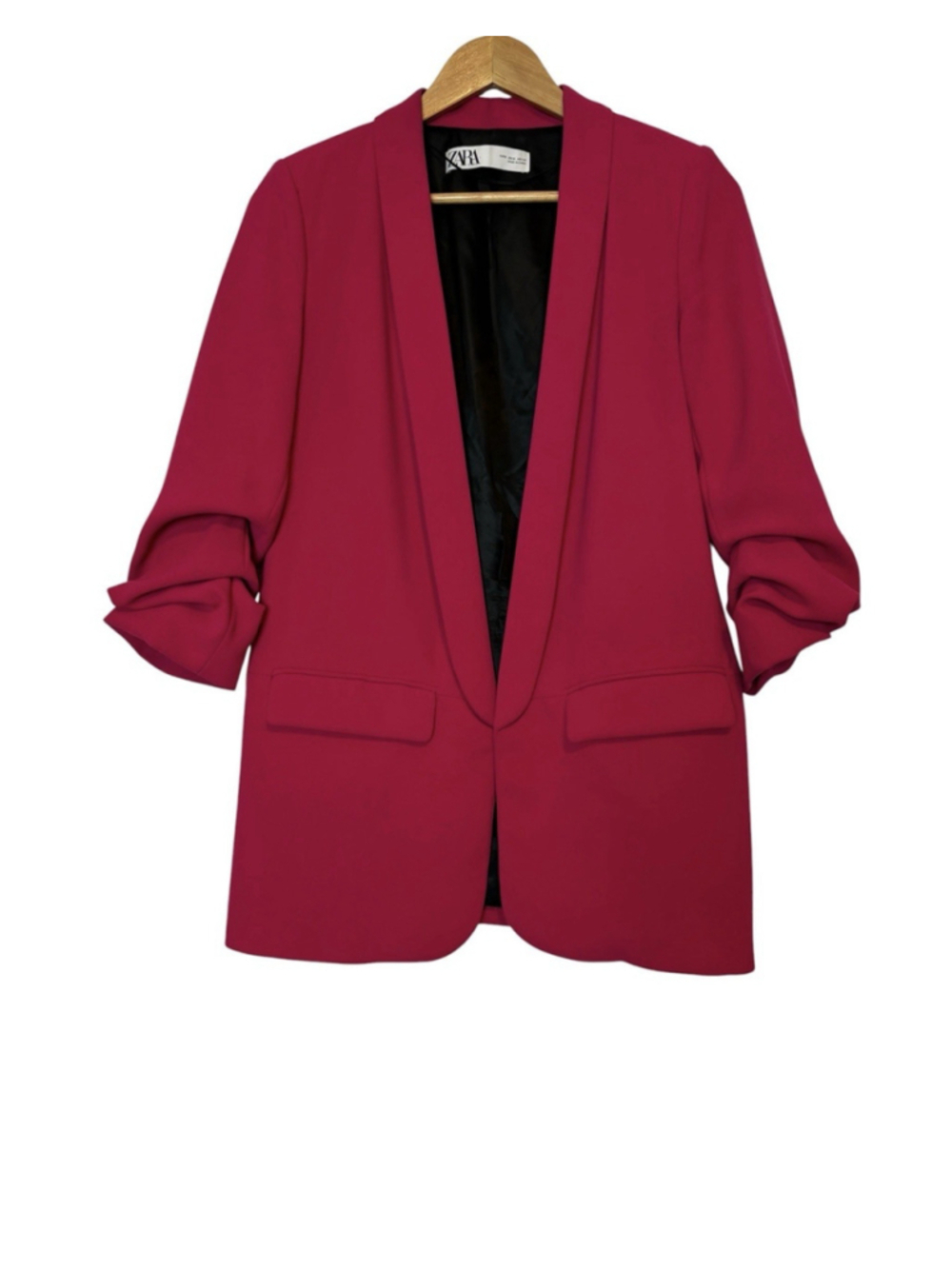 Zara Fuchsia Ruched Sleeve Open Front Blazer Pink Workwear Jacket Size S